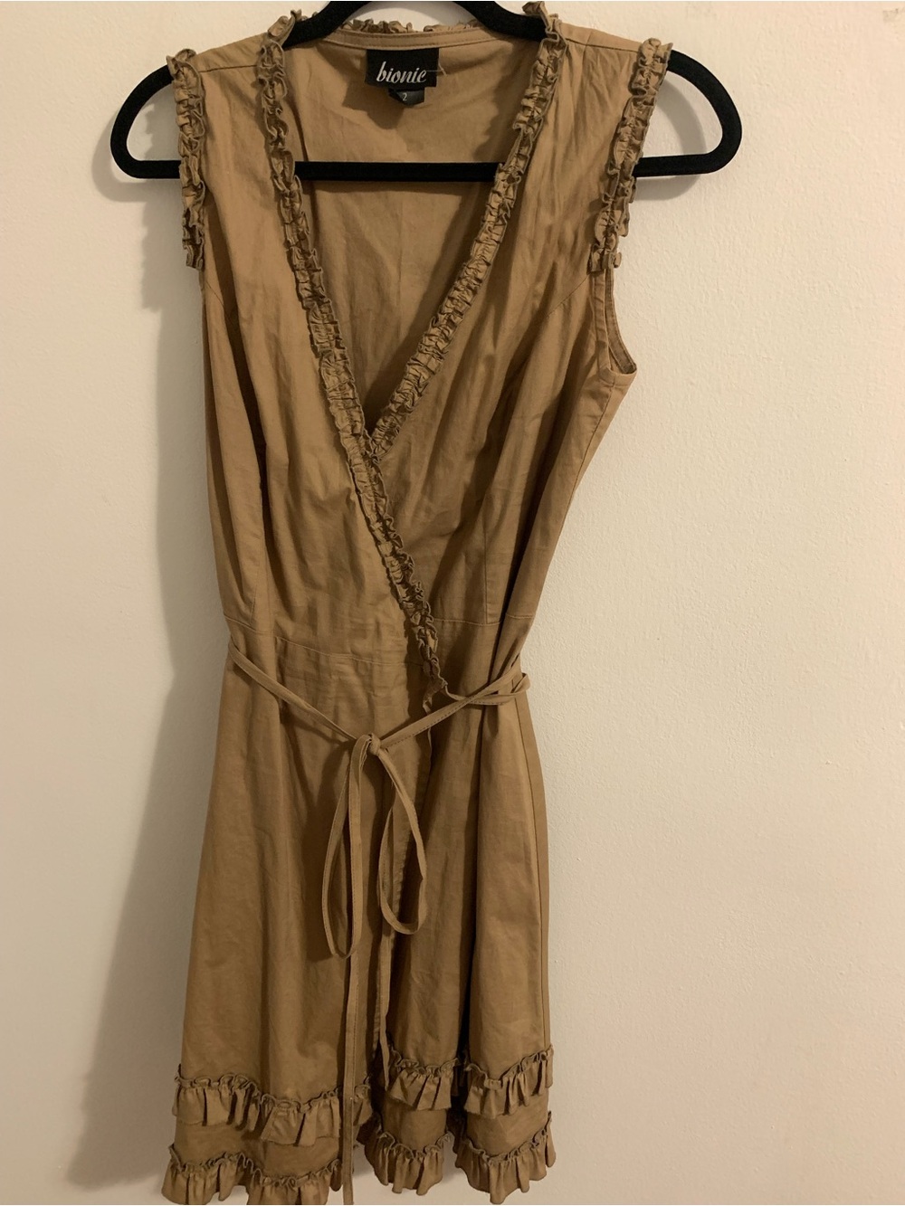 Bionica Tan Ruffle-Trim Wrap Mini Dress